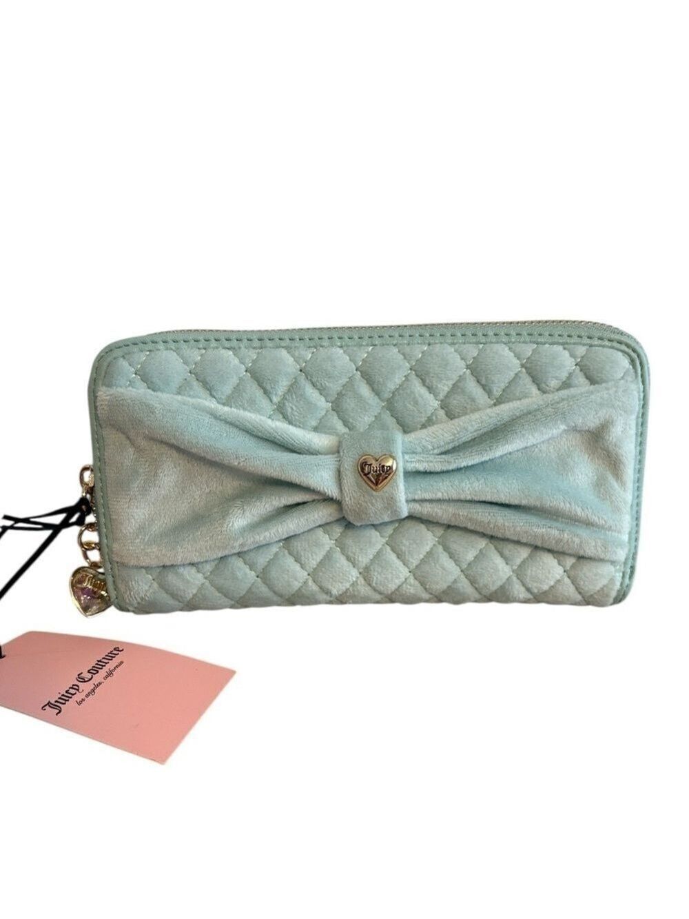 Juicy Couture Light Blue Quilted Bow Wallet Plush Goldtone Hardware New